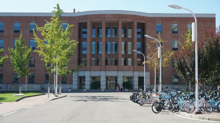 A modern brick university building entrance surrounded by trees and parked bicycles on a sunny day.